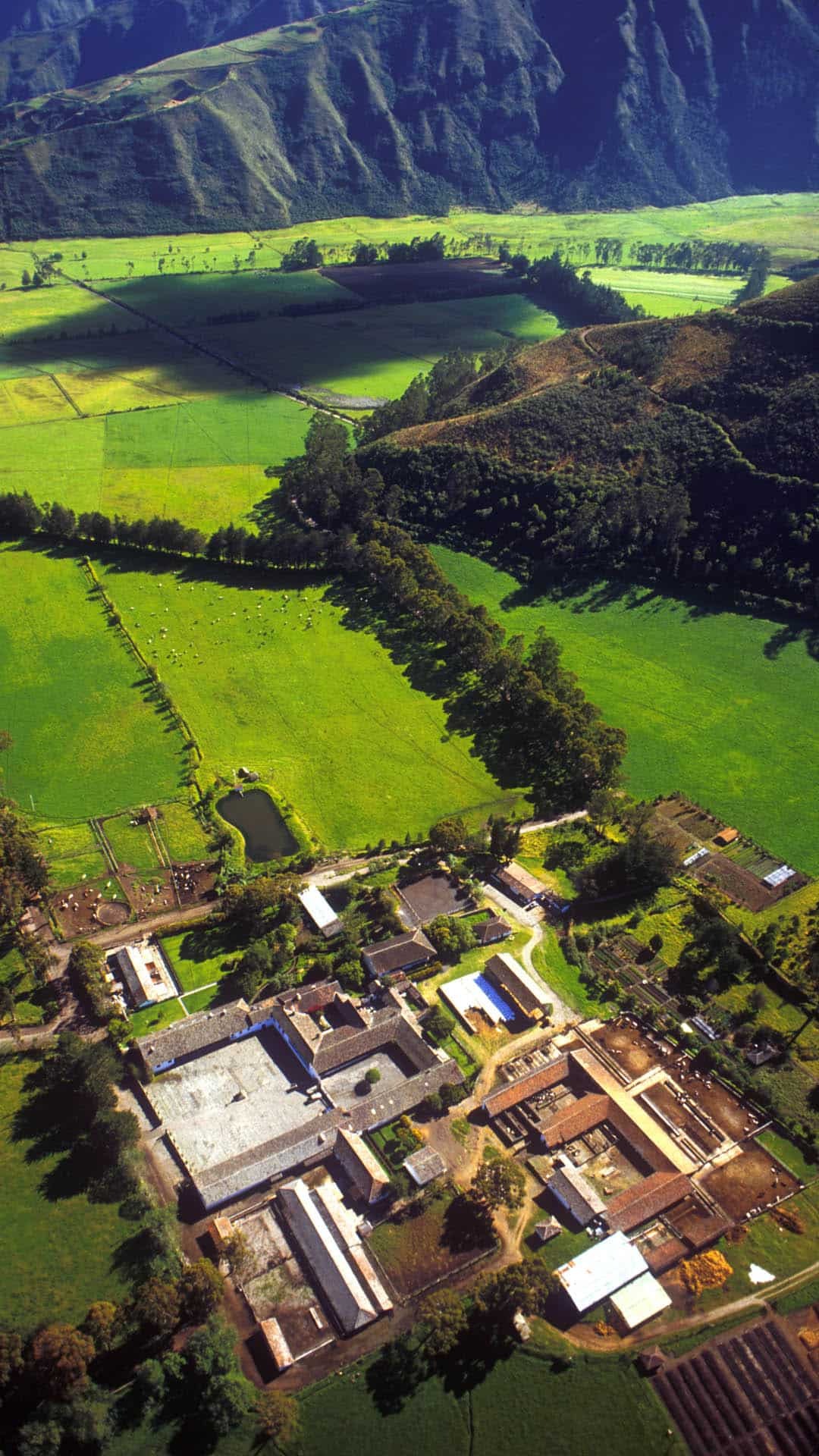 Aerial view of green farmland and buildings - Andes Highlands Hacienda Zuleta View - Golden Galapagos Cruises